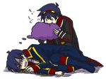  blue_hair dual_persona eating garlock_simon goggles goggles_on_head lying male_focus multiple_boys pino1213 simon sleeping tengen_toppa_gurren_lagann transparent_background trench_coat 