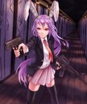  aiming animal_ears assault_rifle bad_id bad_pixiv_id black_legwear bunny_ears dual_wielding face foreshortening gun hallway handgun hands highres holding indoors kurione_(zassou) long_hair m1911 m4_carbine necktie pistol purple_hair red_eyes red_neckwear reisen_udongein_inaba rifle robot_ears shirt solo thighhighs touhou weapon white_shirt zettai_ryouiki 