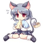  animal_ears bad_id bad_pixiv_id basket capelet cetera cheese chibi dress eating food grey_hair mouse mouse_ears mouse_tail nazrin red_eyes sitting solo tail touhou wariza 