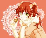  bad_id bad_pixiv_id bracelet eating food food_on_face gundam gundam_00 hand_on_own_chin jewelry memessa nena_trinity pastry pearl red_hair ribbon simple_background solo two_side_up yellow_eyes 