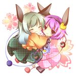  :3 animal_ears bad_id bad_pixiv_id bunny_ears chibi closed_eyes green_hair hug komeiji_koishi komeiji_satori kureha_goya multiple_girls no_hat no_headwear pink_eyes pink_hair pink_skirt siblings sisters skirt third_eye touhou 