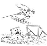  bear black_and_white fish jumping_the_shark mammal marine monochrome plain_background shark unknown_artist water water_skiing waterskiing what white_background 