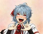  \m/ ahegao blue_hair blush bridal_gauntlets brooch commentary eyebrows_visible_through_hair face fangs fingernails hair_ribbon hands imizu_(nitro_unknown) jewelry no_hat no_headwear open_mouth red_eyes remilia_scarlet ribbon slit_pupils solo sweat tongue touhou 