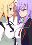  9law asymmetrical_docking blonde_hair blue_eyes breast_press breasts cardfight!!_vanguard green_eyes large_breasts long_hair multiple_girls purple_hair tatsunagi_kourin tokura_misaki 