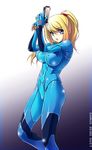  blonde_hair blue_eyes bodysuit breasts covered_nipples gloves kuroda_akimi large_breasts legs long_hair long_legs metroid ponytail samus_aran skin_tight solo thighs weapon zero_suit 