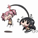  ahoge akemi_homura black_eyes black_hair blush_stickers chibi drooling hairband hanging homu huge_ahoge kaname_madoka landolt_tamaki long_hair mahou_shoujo_madoka_magica mitakihara_school_uniform multiple_girls o_o pink_hair ribbon running school_uniform short_hair simple_background twintails 