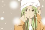  androgynous brown_eyes green_hair hat inazuma_eleven inazuma_eleven_(series) kiu male_focus midorikawa_ryuuji otoko_no_ko sleeves_past_wrists snow solo 