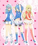  3boys afuro_terumi blonde_hair blue_hair brown_eyes crossdress crossdressing eyepatch frown hair_over_one_eye heart inazuma_eleven inazuma_eleven_(series) kazemaru_ichirouta long_hair male male_focus midriff multiple_boys ponytail red_eyes sakuma_jirou shorts skirt smile soccer_uniform sportswear trap white_hair 