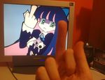  2d_dating :&lt; lonely middle_finger official_style panty_&amp;_stocking_with_garterbelt parody photo solo stocking_(psg) 