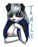  ajna anthro badge bipedal black_ears black_nose blue_eyes blue_highlights breasts bust bust_portrait canine cute darkduck64 digital_media_(art) dog dyed_hair female fist floppy_ears front_view gloves_(marking) hair janice looking_at_viewer looking_away mammal markings nipples pink_nipples plain_background raised_hand smile solo topless white_background white_hair white_markings white_skin 
