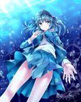  bare_legs blue blue_eyes blue_hair bon bubble dress duplicate gears hair_bobbles hair_ornament hat jpeg_artifacts kawashiro_nitori key outstretched_hand short_hair skirt smile solo touhou two_side_up underwater upskirt water 