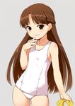  :3 brown_eyes brown_hair figure_17 flat_chest grey_background half_updo hand_to_own_mouth inou_shin long_hair one-piece_swimsuit sawada_mina school_swimsuit solo swimsuit white_school_swimsuit white_swimsuit 