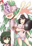  animal_ears black_hair blush bunny_ears chata_maru_(irori_sabou) diaper green_hair horn_ribbon horns inaba_tewi kamishirasawa_keine kazami_yuuka multiple_girls object_on_head one_eye_closed open_mouth red_eyes ribbon touhou translation_request 