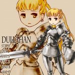  armor blonde_hair disembodied_head dullahan earrings full_armor jewelry long_hair mr_kunimitsu solo sword weapon yellow_eyes zoom_layer 