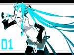  bad_id bad_pixiv_id blue blue_eyes blue_hair hatsune_miku long_hair megaphone microphone microphone_stand monochrome nail_polish necktie open_mouth skirt solo straddling thighhighs twintails very_long_hair vocaloid yuzumame 