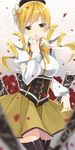  absurdres black_legwear blonde_hair drill_hair flower hat highres kurasawa_moko long_hair mahou_shoujo_madoka_magica md5_mismatch petals red_flower red_rose ribbon rose rose_petals skirt solo striped striped_legwear thighhighs tomoe_mami vertical-striped_legwear vertical_stripes yellow_eyes yellow_legwear 