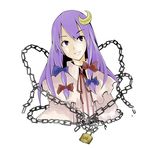  bow chain crescent crescent_hair_ornament hair_bow hair_ornament lock long_hair no_hat no_headwear padlock patchouli_knowledge pun purple_eyes purple_hair solo tami touhou 