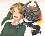  1girl bad_id bad_pixiv_id blonde_hair blue_eyes fang hat helmet imp link midna nishiyama_(whatsoy) one_eye_closed pointy_ears red_eyes smile the_legend_of_zelda the_legend_of_zelda:_twilight_princess 