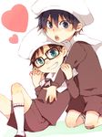  ao_no_exorcist bandaid blue_eyes blue_hair brothers brown_hair footwear hat heart long_socks mochika okumura_rin okumura_yukio open_mouth sailor sailor_uniform short_hair siblings smile socks 