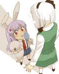  age_difference animal_ears bunny_ears candy child commentary_request food hair_ornament hairband hairclip heavy_breathing konpaku_youmu koyama_shigeru lollipop long_hair multiple_girls necktie purple_hair red_eyes red_neckwear reisen_udongein_inaba seal short_hair silver_hair simple_background stuffed_animal stuffed_toy swirl_lollipop touhou white_background you_gonna_get_raped younger 