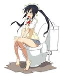  1girl barefoot bidet black_hair blush brown_eyes chestnut_mouth commentary feet full_body jiyu2 k-on! long_hair nakano_azusa neck_ribbon open_mouth panties panty_pull polka_dot polka_dot_panties red_ribbon ribbon school_uniform simple_background sitting skirt solo surprised sweater_vest toilet toilet_use trembling twintails underwear white_background 