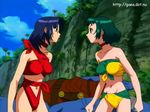  2girls arm arms bare_shoulders blue_hair breasts choker cloud clouds dragon eye_contact face_to_face farah_oersted green_eyes green_hair long_hair marone_bluecarno midriff navel palm_tree red_eyes ribbon_choker rival rivalry rivals rock serious short_hair sky strapless tales_of_(series) tales_of_eternia tree 