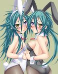  2girls animal_ears ass asymmetrical_docking blush breast_press breasts bunny_ears bunny_tail bunnysuit collar detached_collar frown green_hair hand_holding heterochromia highres large_breasts leura_(suterii) leura_arcane long_hair looking_back multiple_girls open_mouth original pantyhose purple_eyes rebecca_(suterii) rebecca_arcane sideboob small_breasts suterii symmetrical_docking tail wrist_cuffs yellow_eyes 