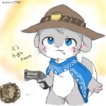  anthro bandolier blue_eyes chano chano_(character) chinchilla cloak cloth clothing cowboy_hat cub english_text fur grey_fur grey_tail gun hat mammal multicolored_fur paws ranged_weapon rodent simple_background text tobacco weapon western whiskers white_fur young 