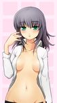  areola_slip areolae blush breasts female green_eyes navel open_clothes open_shirt original purple_hair shirt short_hair small_breasts solo 