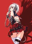  chain detached_sleeves highres jewelry lips looking_back multicolored_hair nail_polish panties red red_eyes ring ryoji_(nomura_ryouji) silver_rain skirt solo striped striped_legwear thighhighs underwear white_hair 
