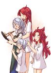  bottomless breast_grab breasts child cooking family frying_pan grabbing height_difference highres hong_meiling if_they_mated izayoi_sakuya lozelia medium_breasts messy_hair mother_and_daughter multiple_girls small_breasts touhou 