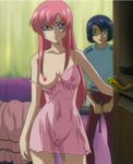  athrun_zala blue_eyes cap gundam gundam_seed gundam_seed_destiny lingerie meer_campbell no_panties photoshop pink_hair screencap see-through uncensored underwear 