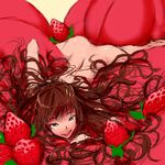  :q brown_eyes brown_hair face food fruit highres hone_shoukan long_hair messy_hair naughty_face nude original sketch solo strawberry tongue tongue_out very_long_hair 