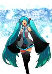  aqua_hair bad_id bad_pixiv_id closed_eyes cloud detached_sleeves hatsune_miku himukai_yuusuke long_hair necktie open_mouth skirt sky sleeves_past_wrists solo thighhighs twintails very_long_hair vocaloid 