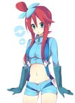  blue_eyes elbow_gloves fuuro_(pokemon) gloves gym_leader hair_ornament long_hair mayachi_(amuriya) midriff navel poke_ball poke_ball_theme pokemon pokemon_(game) pokemon_bw red_hair short_shorts shorts simple_background solo suspenders white_background 