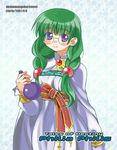  2007 braid brooch cape character_name copyright_name dated dress flask glasses green_hair hair_over_shoulder jewelry kurarin long_hair philia_felice purple_eyes ribbon round-bottom_flask round_eyewear smile solo tales_of_(series) tales_of_destiny twintails white_background white_dress wrist_cuffs 