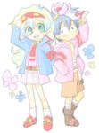  1boy 1girl arm_grab blue_hair core_drill cosplay costume_switch flower goggles goggles_on_head hair_flower hair_ornament hood hoodie jacket multicolored_hair nekoya55 nia_teppelin simon tengen_toppa_gurren_lagann two-tone_hair younger 