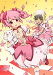  1girl aikawa_ayumu brown_hair bubble_skirt confetti crossdressing crossover dragging dress fengmu gloves hat kaname_madoka kore_wa_zombie_desu_ka? kyubey mahou_shoujo_madoka_magica pink_hair red_eyes short_hair short_twintails skirt twintails 