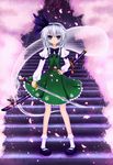  belt black_hairband blue_eyes cherry_blossoms cloudy.r ghost hairband highres hitodama katana konpaku_youmu konpaku_youmu_(ghost) scabbard sheath short_hair silver_hair solo stairs standing sword touhou vest weapon 