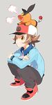  baseball_cap brown_eyes brown_hair gen_5_pokemon grin hat highres jacket male_focus pokemon pokemon_(creature) pokemon_(game) pokemon_bw smile tepig touya_(pokemon) uchako 