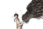  ahoge angry biting black_hair braid commentary_request dragon dress dress_lift frown looking_back monster open_mouth original osamu_(jagabata) panties scales skirt solo sundress translation_request twin_braids underwear upskirt white_background white_panties white_skirt 