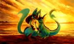  blue blue_skin commentary couple creature full_body gen_1_pokemon gen_4_pokemon glitchedpuppet hetero highres interspecies lucario no_humans orange_(color) orange_sky outdoors pokemon pokemon_(creature) sitting sky smile vaporeon water 