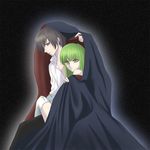  1boy 1girl black_hair c.c. cc cloak code_geass dress_shirt female green_hair lelouch_lamperouge llmonakall long_hair male purple_eyes shirt short_hair thighhighs white_shirt yellow_eyes 