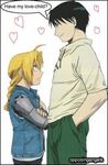  2boys amputee annoyed black_hair blonde_hair braid crossed_arms edward_elric fullmetal_alchemist glaring heart lowres male male_focus multiple_boys prosthesis roy_mustang short size_difference vest yaoi yellow_eyes 