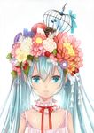  alternate_hairstyle animal animal_on_head aqua_hair bad_id bad_pixiv_id bird bird_on_head birdcage blue_eyes cage dress flower hair_flower hair_ornament hatsune_miku head_wreath long_hair mia0309 on_head pink_dress solo tears vocaloid 