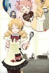  abe_kanari akemi_homura apron black_legwear blush_stickers charlotte_(madoka_magica) chocolate closed_eyes cooking drill_hair eating food food_on_face grin heart highres kaname_madoka kyubey licking_lips mahou_shoujo_madoka_magica make_a_contract miki_sayaka mitakihara_school_uniform multiple_girls official_style open_mouth pantyhose school_uniform smile thought_bubble tomoe_mami tongue tongue_out translated 