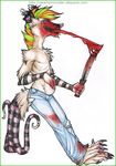  blood eat eyes_closed green_hair guro hair hand_in_pouch holly_massey knife male male_pouch multiple_tails orange_hair pants possum pouch seux short_hair solo standing tail topless virginia_opossum 