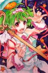  \m/ bare_shoulders green_eyes macross macross_frontier macross_frontier:_sayonara_no_tsubasa marker_(medium) nanase_shie navel necktie open_mouth ranka_lee red_eyes ribbon short_hair solo star traditional_media wrist_cuffs 