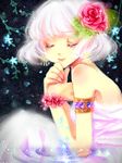  armlet bare_shoulders closed_eyes dress earrings flower hair_flower hair_ornament jewelry original short_hair smile solo white_hair yuh 