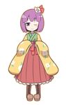  bad_id bad_pixiv_id blush boots flower full_body hair_flower hair_ornament hieda_no_akyuu japanese_clothes kimono one_eye_closed purple_eyes purple_hair short_hair sleeves_past_wrists smile solo touhou transparent_background yuragi_(nukomomo) 